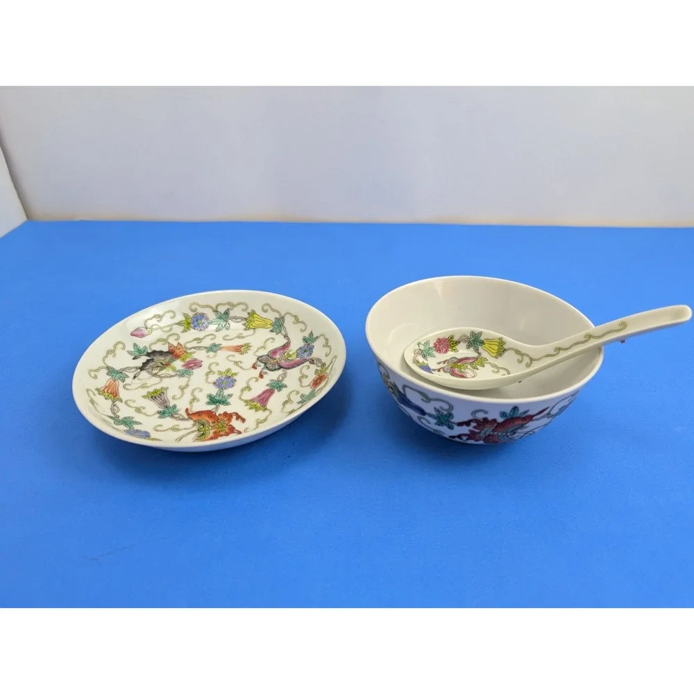Vintage Arita Soup Bowl Cup with Saucer and Spoon Butterfly Japan Porcelain
